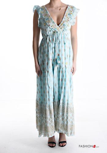 Embroidered long Dress with flounces with v-neck