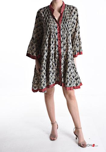 Abstract print long sleeve knee-length Cotton Dress with buttons