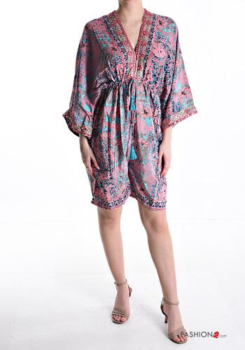 mini backless Silk Dress with pockets 3/4 sleeve with v-neck