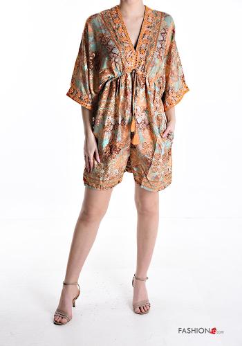 Robe en Soie courte à dos nu à col en V manches à trois-quarts avec poches - ph 1