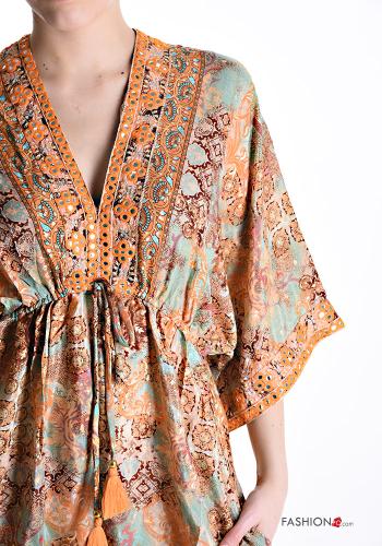 Robe en Soie courte à dos nu à col en V manches à trois-quarts avec poches - ph 4