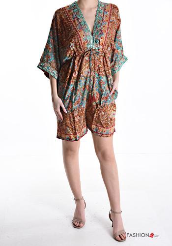 Abito in Seta corto scollato sulla schiena maniche a tre quarti con tasche scollo a V