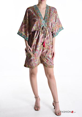 Abito in Seta scollato sulla schiena maniche a tre quarti con tasche scollo a V