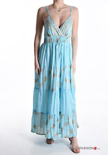Batik print backless long sleeveless adjustable Dress with elastic plunging neckline with flounces