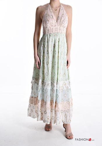 Graphic Print sleeveless backless adjustable Dress with flounces plunging neckline with v-neck