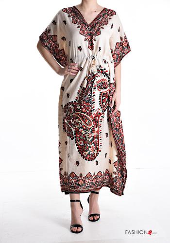 Graphic Print short sleeve long Dress with v-neck with drawstring