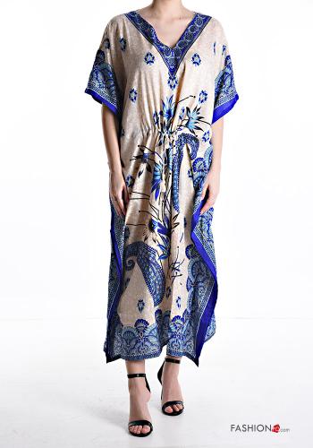 short sleeve long Dress with v-neck with drawstring