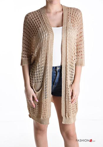 Embroidered fishnet knee-length Cardigan with pockets - ph 1