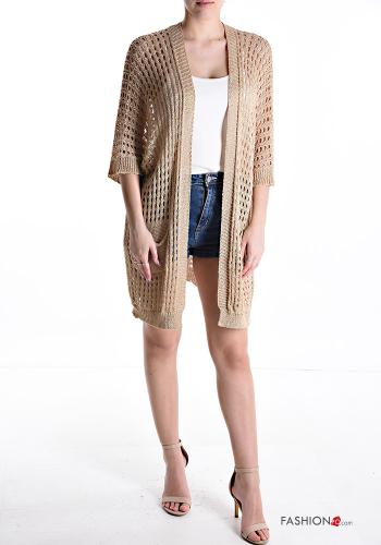 Embroidered fishnet knee-length Cardigan with pockets - ph 5
