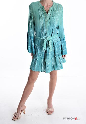 Patterned lurex long sleeve Shirt dress with sash