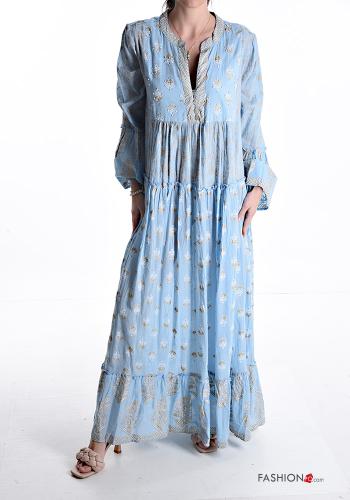 Besticktes Muster kurze ärmel lange Kleid aus Baumwolle mit Volants mit V-Ausschnitt