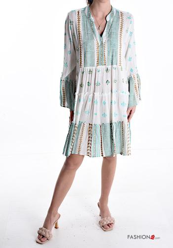 Patterned long sleeve Dress with sequins with v-neck with flounces
