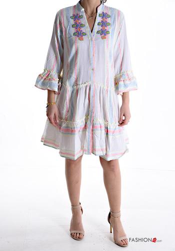 Embroidered knee-length Cotton Dress with flounces 3/4 sleeve with v-neck