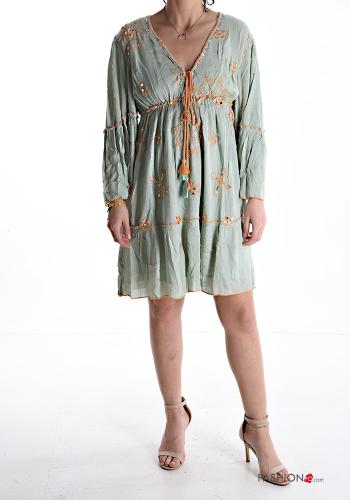 Embroidered long sleeve mini Dress with flounces with v-neck