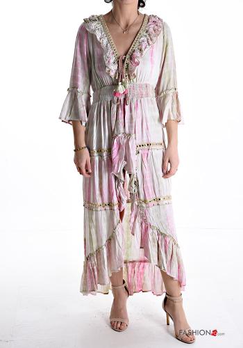asymmetrical Dress with flounces 3/4 sleeve with v-neck