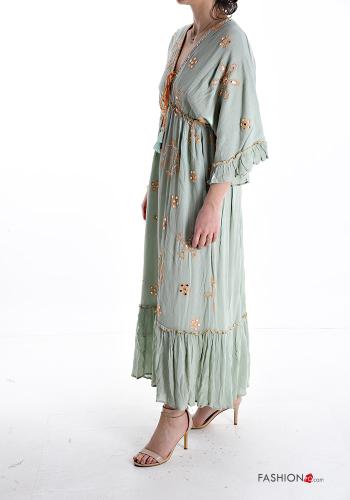 Embroidered long Dress 3/4 sleeve with v-neck with flounces with bow - ph 3