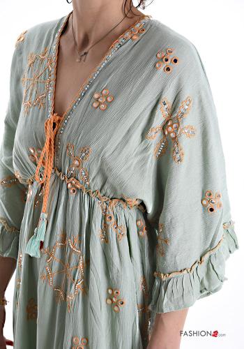 Embroidered long Dress 3/4 sleeve with v-neck with flounces with bow - ph 4