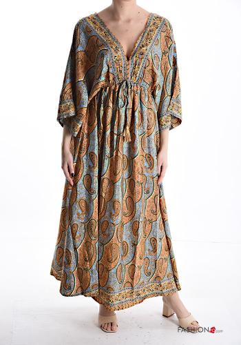 Jacquard print long Silk Dress with drawstring 3/4 sleeve with v-neck