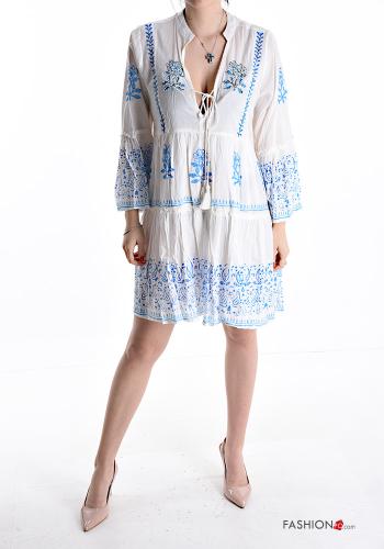 Embroidered ruffle sleeve knee-length long sleeve Cotton Dress with flounces plunging neckline