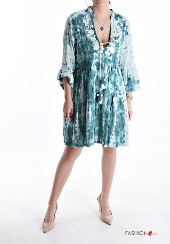 Embroidered long sleeve knee-length Cotton Dress with string plunging neckline with flounces