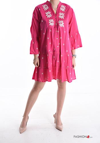 Embroidered ruffle sleeve mini Cotton Dress with flounces 3/4 sleeve with buttons