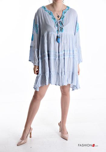 Embroidered ruffle sleeve knee-length long sleeve Cotton Dress with flounces