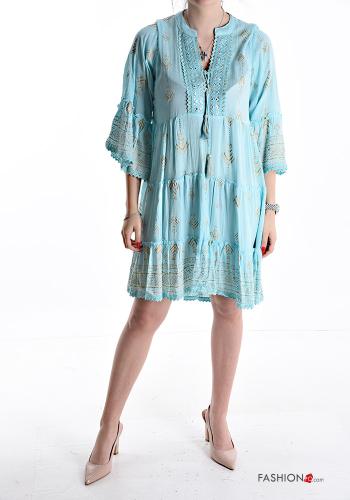 Embroidered ruffle sleeve knee-length Dress with flounces 3/4 sleeve