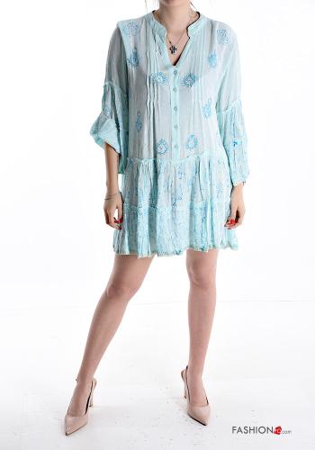 Abito in Cotone maniche lunghe corto Fantasia ricamata con balze con bottoni