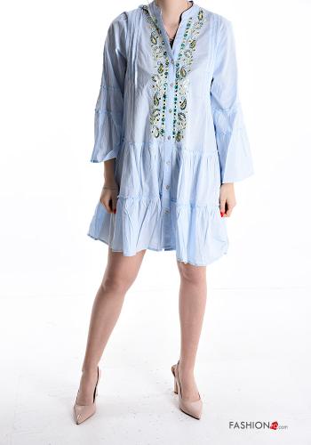 Embroidered ruffle sleeve knee-length long sleeve Cotton Dress with flounces with buttons - ph 1