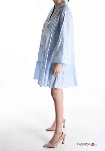 Embroidered ruffle sleeve knee-length long sleeve Cotton Dress with flounces with buttons - ph 3