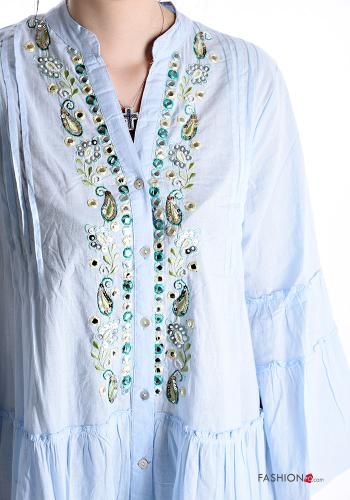Embroidered ruffle sleeve knee-length long sleeve Cotton Dress with flounces with buttons - ph 4