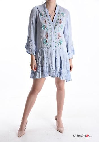 Embroidered ruffle sleeve mini long sleeve Cotton Dress with flounces with buttons
