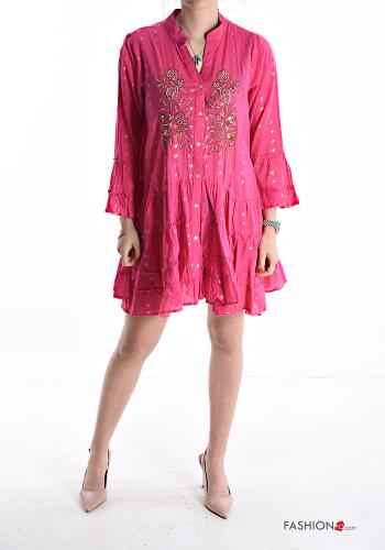 Graphic Print ruffle sleeve mini long sleeve Cotton Dress with buttons