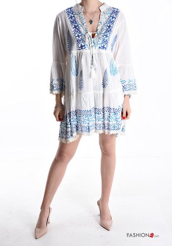 Embroidered ruffle sleeve knee-length long sleeve Cotton Dress with string plunging neckline with flounces
