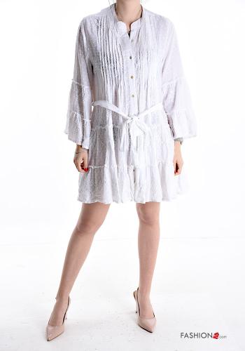 Embroidered ruffle sleeve knee-length long sleeve Cotton Dress with flounces with fabric belt with buttons