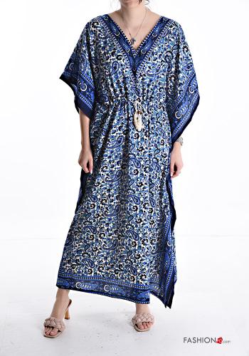 Paisley-print ruffle sleeve Dress with drawstring 3/4 sleeve with v-neck