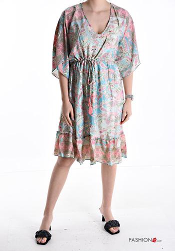 Paisley-print knee-length Silk Dress with v-neck 3/4 sleeve with drawstring with flounces - ph 1