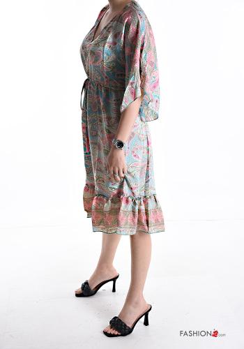 Paisley-print knee-length Silk Dress with v-neck 3/4 sleeve with drawstring with flounces - ph 3