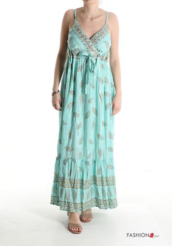 Patterned sleeveless long Dress with flounces with v-neck with bow