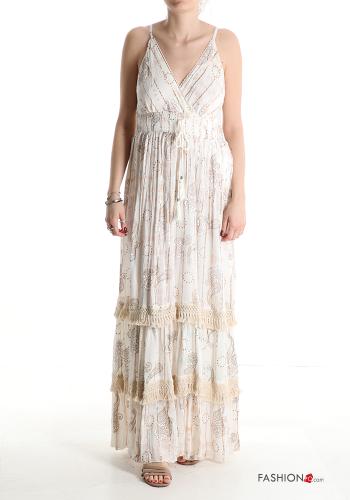 Patterned lurex sleeveless Dress with flounces with fringe with v-neck