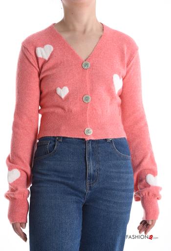 Cardigan in Misto Lana maniche lunghe Fantasia cuore con bottoni scollo a V - ph 1