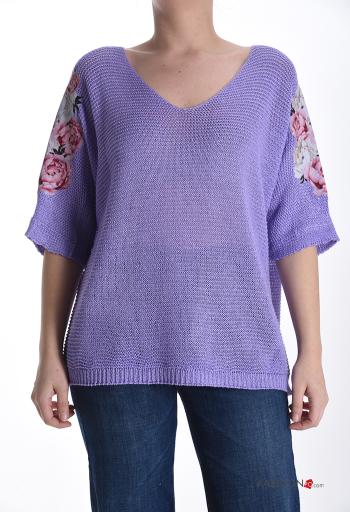 Pull à Imprimé Floral à col en V manches à trois-quarts