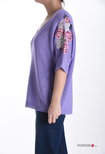 Pull à Imprimé Floral à col en V manches à trois-quarts - ph 3