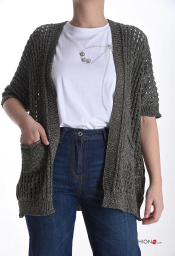 short sleeve fishnet lurex Cardigan with pockets