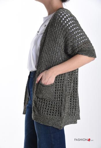 short sleeve fishnet lurex Cardigan with pockets - ph 3