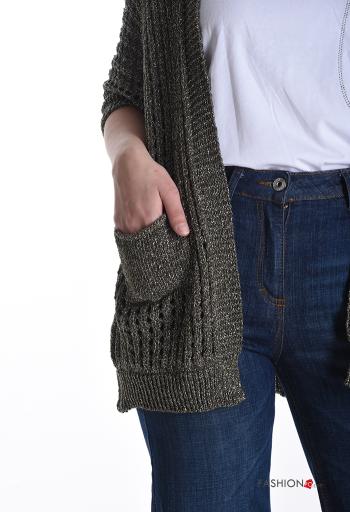 short sleeve fishnet lurex Cardigan with pockets - ph 4
