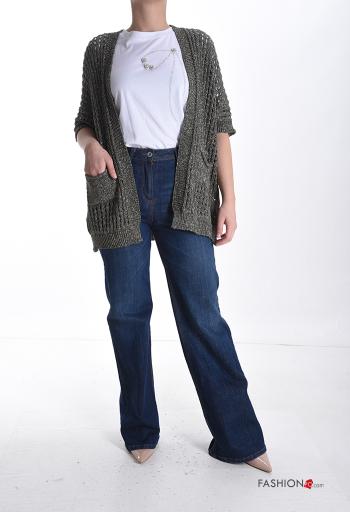 short sleeve fishnet lurex Cardigan with pockets - ph 5