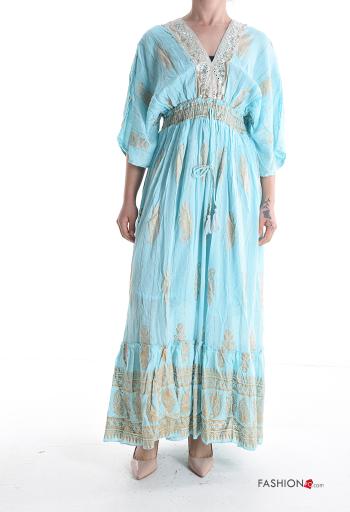 Paisley-print long backless lurex Dress with v-neck 3/4 sleeve