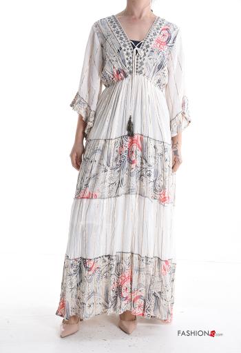 Abstract print lurex long Dress with flounces 3/4 sleeve with v-neck