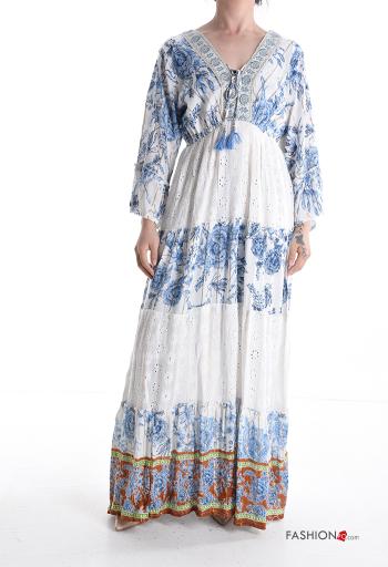 Floral long sleeve long Dress with flounces broderie anglaise with v-neck